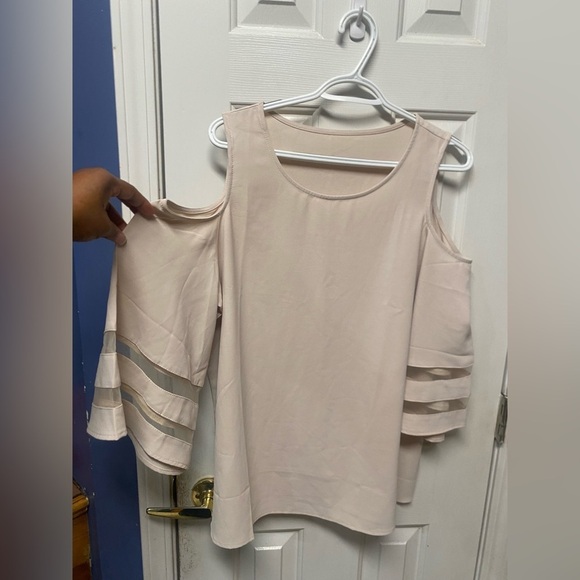 Women's Cold Shoulder Chiffon Blouse 3/4 Bell Sleeve Mesh Panel Tops Casual L - Picture 3 of 6